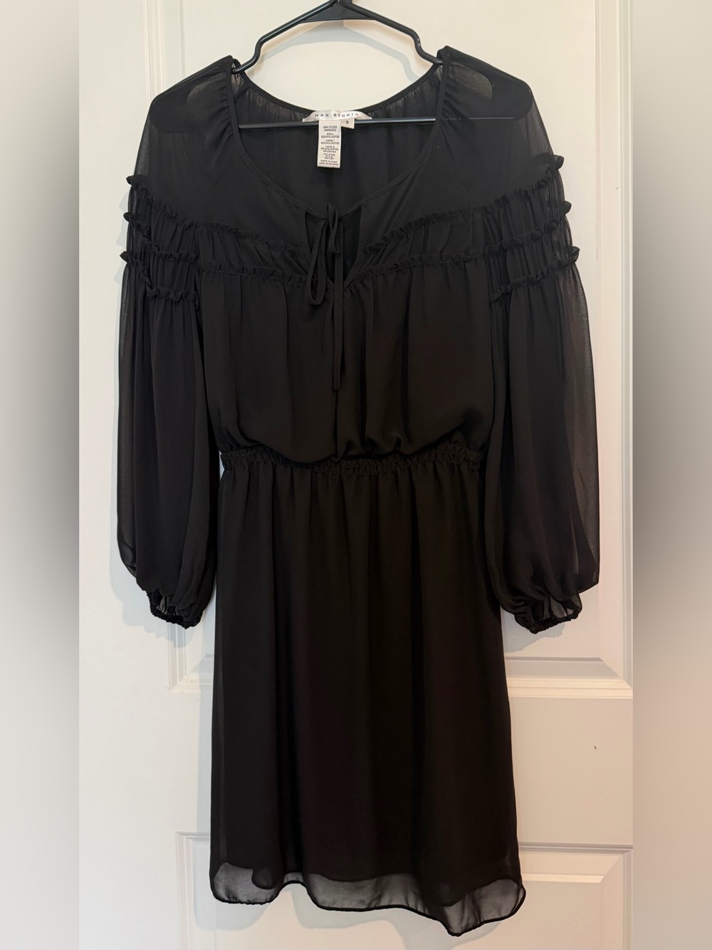 Max Studio Black Sheer Midi Dress with Tie-Neck